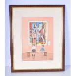 A framed watercolour by A Murray of two children in a art gallery 37 x 25 cm.
