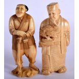 TWO 19TH CENTURY JAPANESE MEIJI PERIOD CARVED IVORY OKIMONO modelled as two scholars. 8 cm high. (2)