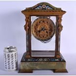 A 19TH CENTURY FRENCH ONYX AND CHAMPLEVE ENAMEL REGULATOR MANTEL CLOCK decorated with foliage. 35 cm