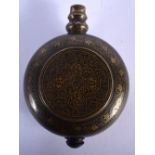 A FINE 19TH CENTURY INDIAN BIDRI WARE NIELLO TYPE MIDDLE EASTERN POWDER FLASK decorated all over wi