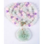 A CHINESE JADE AND QUARTZ NECKLACE. Length 80cm, Pendant 4.8cm x 4.4cm, weight 89g