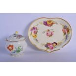 A MEISSEN PORCELAIN SUCRIER AND COVER together with a C1800 Derby dish. Largest 24 cm wide. (2)