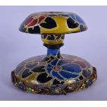 A LOVELY ART DECO ENAMELLED GLASS CANDLESTICK with unusual gilt and enamel banding. 12 cm x 10 cm.