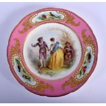 19TH C, COALPORT PLATE, THE PINK BORDER PAINTED WITH THREE PANELS OF BIRDS SURROUNDING A BOY AND GIR