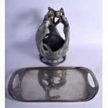 A LARGE LIBERTY & CO PEWTER TRAY together with an Art Nouveau pewter vase. Largest 34 cm x 15 cm. (2