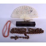AN ANTIQUE CHINESE CANTON FAN BOX together with a coral style necklace & rosary necklace. (3)