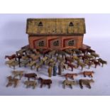 A CHARMING 19TH CENTURY CARVED AND PAINTED FOLK ART NOAHS ARK with animals. Ark 40 cm x 24 cm.