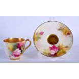 ROYAL WORCESTER DEMI TASSE COFFEE CUP AND SAUCER PAINTED ROSES BY HUNT OR SPILSBURY, BOTH SIGNED DAT