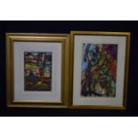 A pair of framed oil on card abstracts from the Studio of Derek Sayer 33 x 23 cm (2).