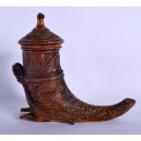 A RARE 19TH CENTURY SCANDANAVIAN TREEN CARVED WOOD SNUFF MULL modelled with a rearing dragon.