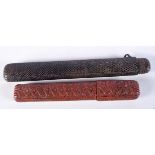 TWO 19TH CENTURY JAPANESE WOVEN BAMBOO PIPECASES, NO OJIME. Largest 21cm x 3cm x 2cm, total weight