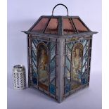 A FINE ARTS AND CRAFTS ENGLISH STAINED GLASS LANTERN decorated with the four seasons. 42 cm x 24 cm.