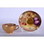 ROYAL WORCESTER DEMI TASSE CUP AND SAUCER PAINTED WITH FRUIT, THE CUP BY F. ROBERTS, SIGNED, THE SAU