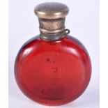 A RUBY GLASS SILVER TOPPED SCENT BOTTLE. 7.3cm x 5.4cm, weight 91g