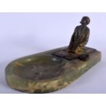 AN ANTIQUE AUSTRIAN COLD PAINTED BRONZE ARABIC MALE upon an ashtray. 18 cm x 10 cm.