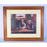 A framed pastel of two males indistinctly signed. 35cm x 45cm