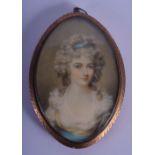 English School (19th Century) Portrait of a pretty female wearing a white and blue dress. 7.25 cm x