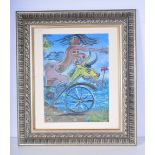 A framed Oil on board by Peter Rudulfo dated 1995 surrealist study of a female riding a bike 40 x 2