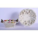 LATE 19TH C. DERBY WOVEN BASKET MOULDED WITH FRUIT AND AN ENGLISH PORCELAIN BASKET WITH APPLIED COLO