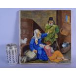 A LARGE 19TH CENTURY FRENCH FAIENCE ENAMELLED POTTERY TILE depicting figures within an interior. 30