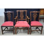 A set of three antique upholstered dining chairs 90 x 50 x 62 cm.