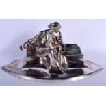 AN ART NOUVEAU GERMAN KAYSER SILVER PLATED DESK INKWELL formed as a maiden. 33 cm x 20 cm.