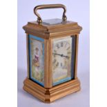 MINIATURE SEVRES STYLE CARRIAGE CLOCK. 7.1cm high (excl handle) x 4.6cm x 4cm, weight 319g, include