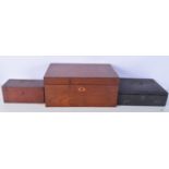 A Victorian Leather wring box together with a wooden stationary box and a wooden donations box large