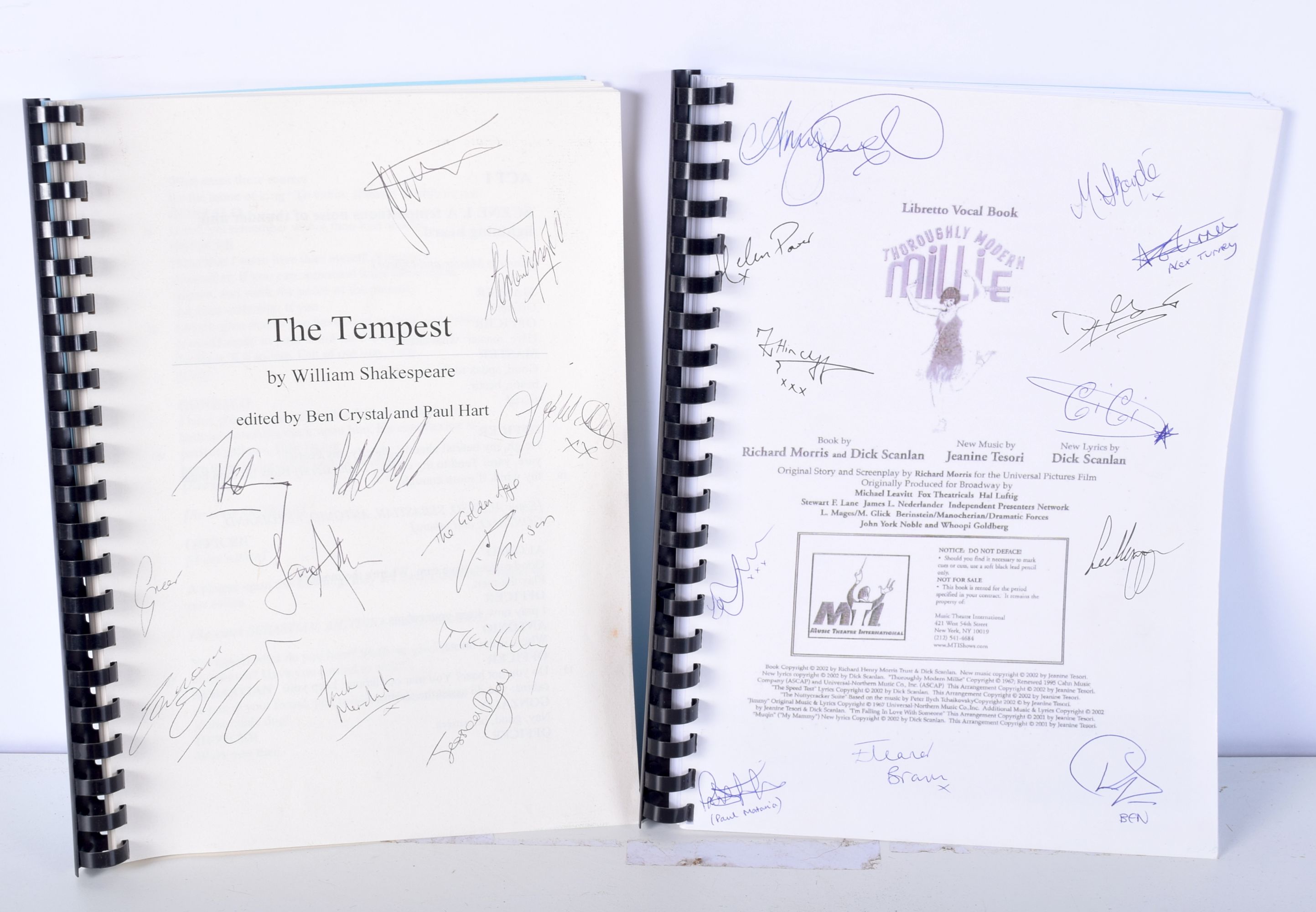 An autographed script of "The Tempest" by Shakespeare together with an autographed vocal book for "T