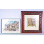 A framed watercolour of an antique shop together with another framed watercolour 27 x 41 cm (2).