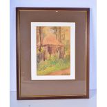 A framed watercolour by B I Simkin 1910 of a summerhouse at Essendon place, Hertfordshire 29 x 20 cm