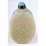 A CHINESE JADE SNUFF BOTTLE ENGRAVED WITH CALIGRAPHY. 7.4cm x 4.2cm, weight 117g