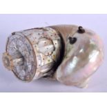 A FINE AND RARE 19TH CENTURY INDIAN GOA MOTHER OF PEARL GUJERAT RAJASTHAN POWDER FLASK formed from a