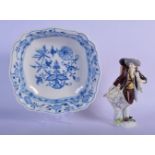 A MEISSEN PORCELAIN FIGURE OF A MAN Cris De Paris, together with a Meissen blue and white dish. Larg