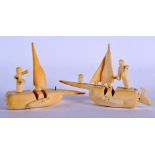 TWO UNUSUAL EARLY 20TH CENTURY FOLK ART CARVED BONE BOATS possibly North American Inuit. 12.5 cm wid