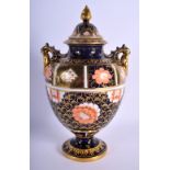 ROYAL CROWN DERBY TWO HANDLED VASE AND COVER PAINTED IN IMARI PALETTE WITH RARE PATTERN 1643 DATE MA