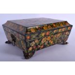 AN UNUSUAL 19TH CENTURY EUROPEAN LACQUERED SQUARE FORM CASKET AND COVER overlaid with Kashmir type l