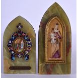 TWO LARGE 19TH CENTURY ONYX AND ENAMEL ICONS. Largest 15 cm x 6 cm.