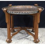 A large Indo- Persian tray table with pressed decoration of a chess board 53 x 66cm