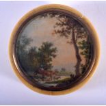 A 19TH CENTURY CONTINENTAL PAINTED IVORY MINIATURE BOX. 7 cm diameter.