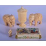 A PAIR OF 19TH CENTURY CONTINENTAL CARVED IVORY ELEPHANTS together with an ivory box & another. (4)