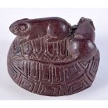 A JAPANESE NETSUKE CARED AS TWO RATS ON AN EMPTY TORTOISE SHELL. 3.2cm x 4cm, weight 14g