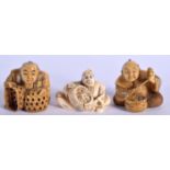 THREE 19TH CENTURY JAPANESE MEIJI PERIOD CARVED IVORY NETSUKES in various forms. Largest 5 cm x 3.5