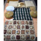 A antique patch work cover together with a Scottish woollen rug and cushions (QTY) Cover 110 x 75 cm