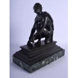 A 19TH CENTURY EUROPEAN GRAND TOUR BRONZE FIGURE OF A MALE modelled upon a marble plinth. 19 cm x 24
