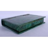 A VERY RARE EARLY 20TH CENTURY CARVED MALACHITE CRYSTAL SPECIMAN BOX contained within a faux book an