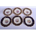 EARLY 20TH C. BROWN -WESTHEAD AND MOORE SET OF SIX PLATES FINELY PAINTED WITH FLOWERS SURROUNDED A H