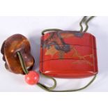 A 19TH CENTURY JAPANESE MEIJI, RED LACQUER, TEMPLE WITH SHELL NETSUKE & OJIME. 6.6cm x 7.2cm x 2.4