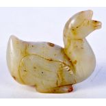 A CHINESE CARVED GREEN JADE DUCK. 4.4cm x 4.5cm x 2.2cm, weight 4.6g