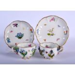 LATE 19TH C. MEISSEN TWO CUP AND A SAUCER PAINTED AND ENCRUASTED WITH FLOWERS ON STANDING ON FEET AN